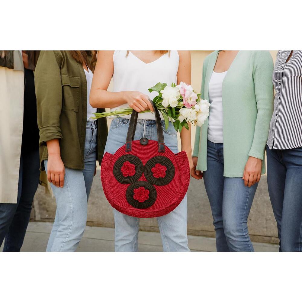 Red and Black Woven Bag with Floral Design